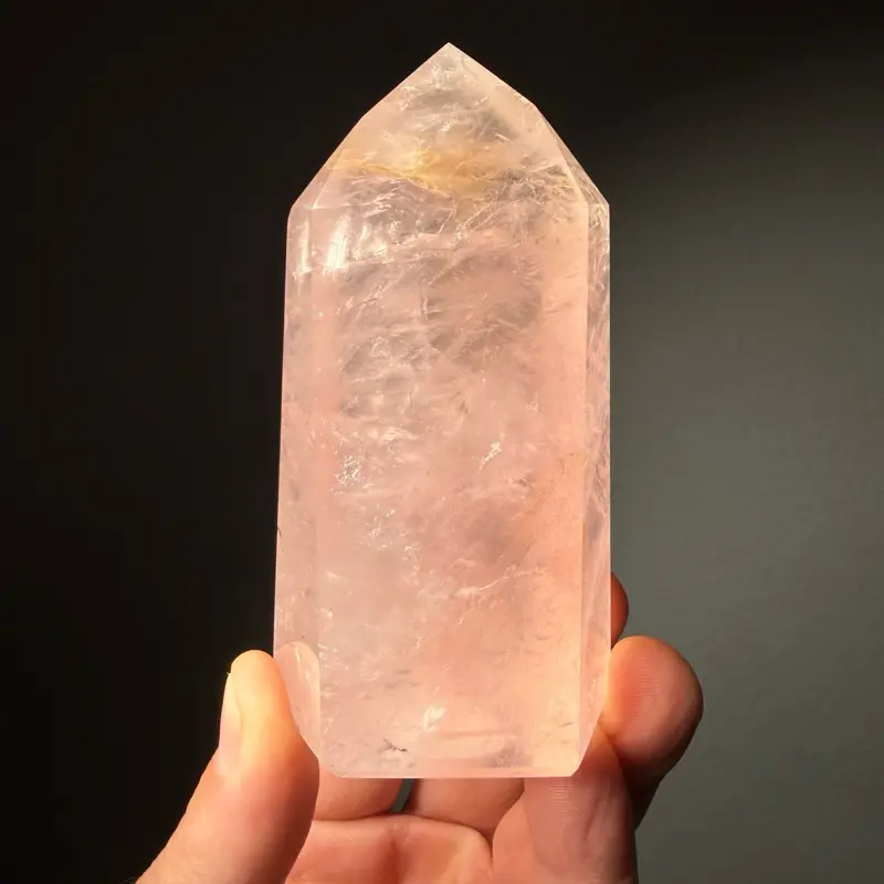 Natural Brazilian Rose Quartz Crystal Tower with Golden Healer Inclusions, Pink Quartz Point, 10.3 oz