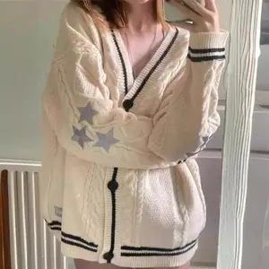 Knit Y2K Sweater Embroidery Vintage Beige Women Autumn College Tayloed Oversize Star Cardigan Folklore Knitted Jumpers Coat Top