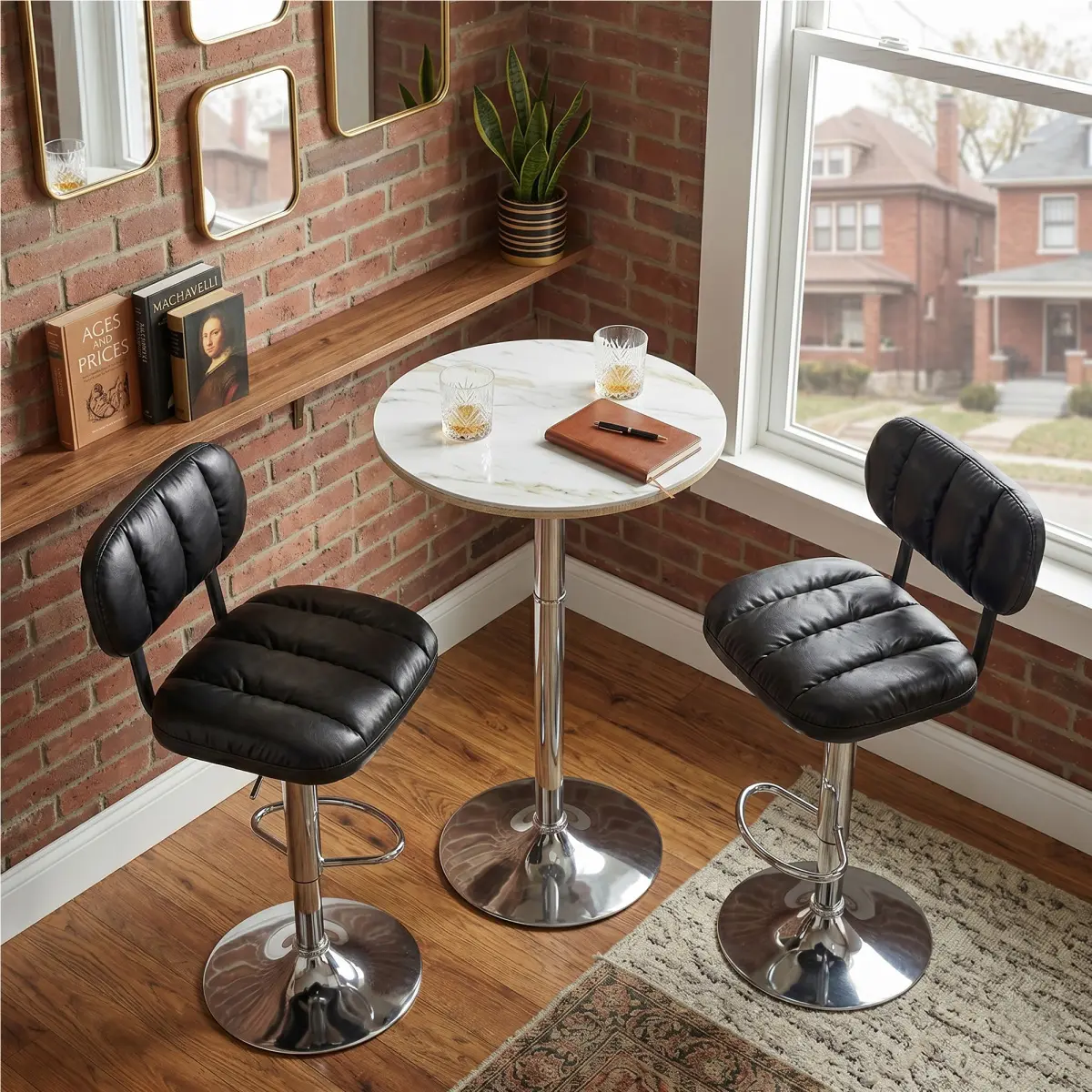 Modern Adjustable Height Indoor Furniture Set - Round Top White Marble Pub Table with Chrome Leg, 2 Black Padded PU Leather Gas Lift Swivel Bar Stools for Kitchen Island, Home Bar, Contemporary Home Decor, Coffee Shops