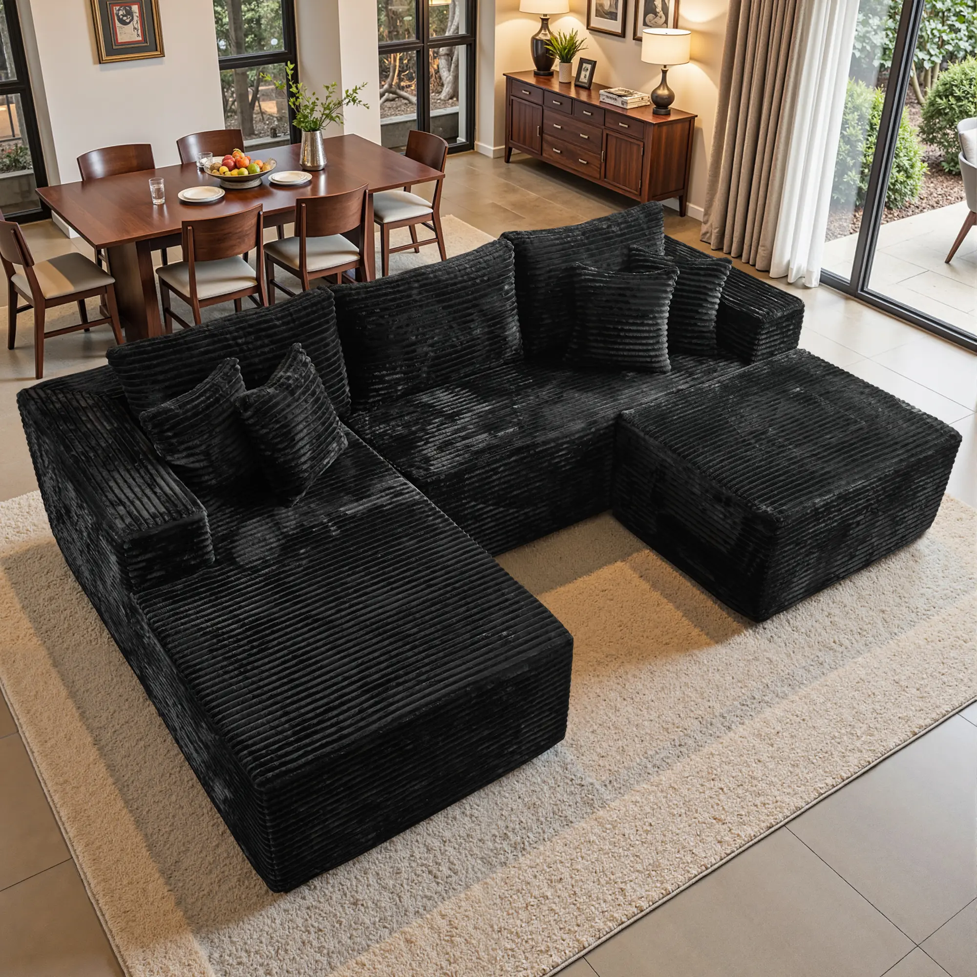 106" Black U Shaped with Ottoman, Left Chaise