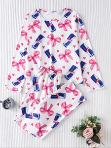 Women's Casual Two-Piece Pajama Set with Bow & Heart Design, Long Sleeve Top and Pants, Soft Fabric, Elastic Waistband, All Seasons Wear, Loungewear, Nightwear, Pjs, Outfit, Womenswear