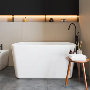 Garvee 49" Japanese Style Freestanding Acrylic Bathtub with Built-in Seat, Toe-Tap Drain & Overflow, Ergonomic R-Corner Design, Chrome Drain System, Glossy White or Black Finish, Compact Space-Saving Soaking Tub