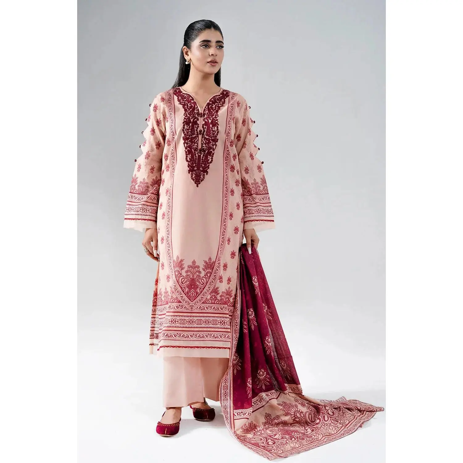Women's 3PC Embroidered Lawn Suit Set with Printed Shirt, Cloud-Soft Fabric, Elegant Design, Stylish Sleeves, Trouser | KL-4079