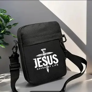 Jesus Saved My Life Printed Casual Crossbody Bag Durable Oxford Fabric Adjustable Shoulder Strap Lightweight for Everyday Sports Travel Polyester Lining Hand Washable Religious Statement Bag