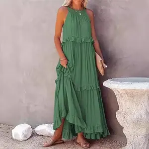 Summer Vacation Style Ruffled Long Dress Wide Hem Flowy Beach Dress for Women