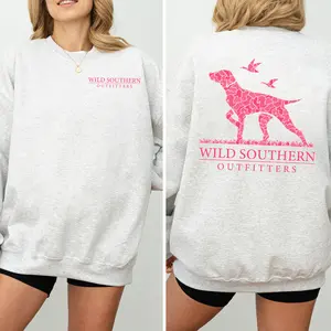 Pink Camo Hunting Dog Sweatshirt, Wild Southern Shirt, Simply Printed Graphic Sweatshirts, Daily Casual Cotton Womenswear