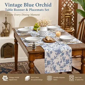 Vintage Orchid 5-Piece Table Runner & Placemats Set, Polyester, Wrinkle/stain/fade Resistant, Celebratory Decor