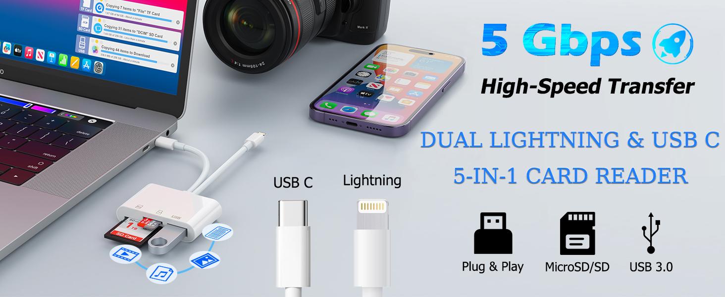 5-in-1 SD Card Reader for iPhone,iPad,USB-C Devices,  Lightning/USB-C Dual Port Adapter, Supports SD/MicroSD & USB 3.0, Fast Transfer, Plug & Play, No App Needed