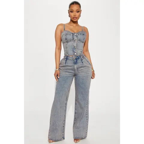 Cassie Denim Pant Set - Vintage Wash