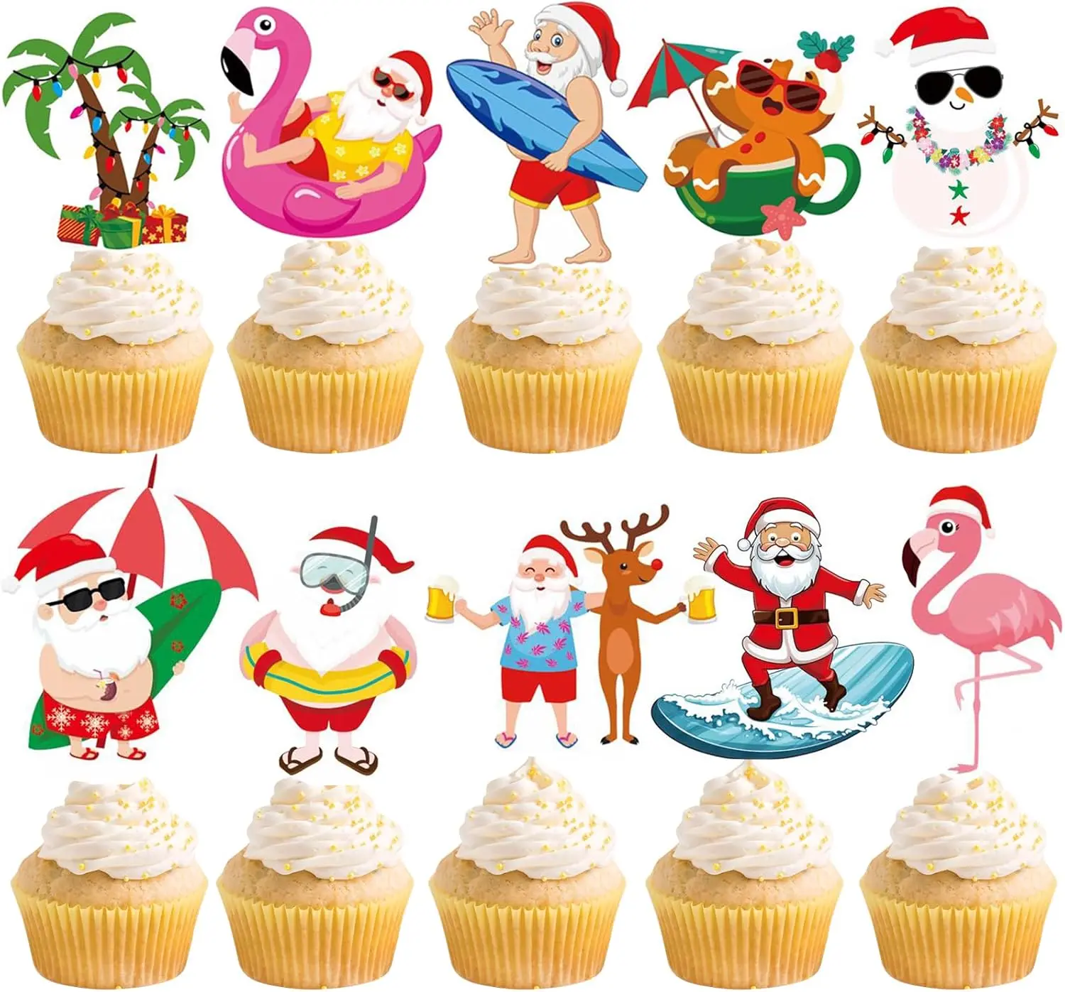 Summer Christmas Cupcake Toppers 30pcs Christmas in July Party Decorations Santa Claus Flamingo Cake Topper Hawaiian Cupcake Picks for Summer Pool Cupcake Party Decorations
