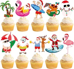 Summer Christmas Cupcake Toppers 30pcs Christmas in July Party Decorations Santa Claus Flamingo Cake Topper Hawaiian Cupcake Picks for Summer Pool Cupcake Party Decorations