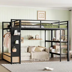 Queen size Loft Bed Frame with Wardrobe, Metal Loft Bed with Storage Shelves and Pegboard, Black
