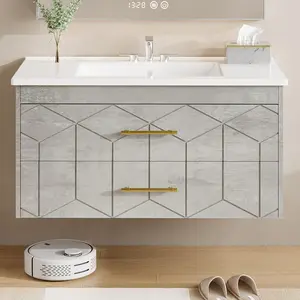 Modern Floating Bathroom Vanity Set, Wall Mounted Cabinet with Large Soft-Close Drawer and Gold Handle, Space-Saving Design