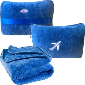 Travel Blanket Pillow in Mini Soft Case  Plush Airplane Blanket in Soft Bag Compact Pack with Luggage Belt and Backpack Clip  Portable Cozy Traveling Accessories - Royal Blue M07