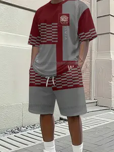 Men's Spring and Summer Casual Short-Sleeve Set, Color-Block Geometric Stripe Print Trendy Fashion Short-Sleeve Set, Vacation-Style Trendy Outfit, Breathable Sporty Casual Style, Perfect Festival Gift for Men