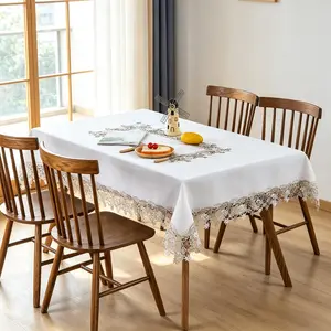 Classic Linen Color Lace Trim Rectangular Tablecloth, Polyester Material, Stain Resistant Heat Resistant, Suitable for Restaurant Home Cafe