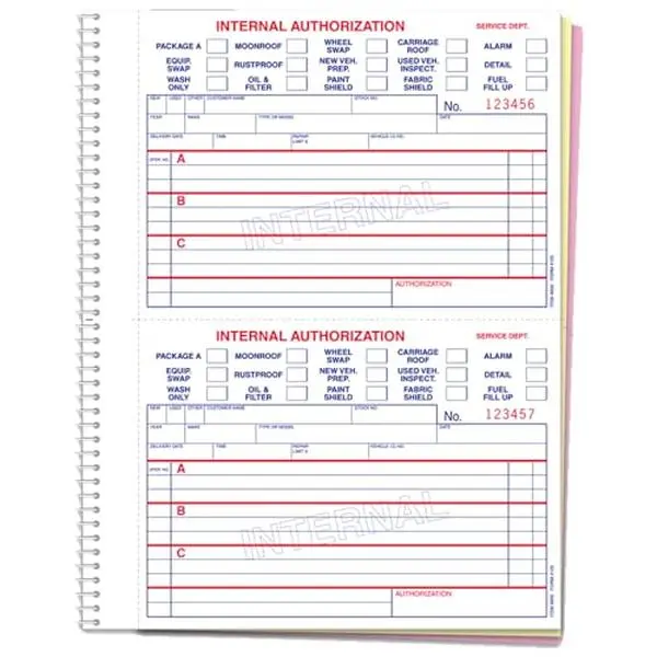 Internal Authorization Book (Form 125) – 8.5" x 11" 3-Part Carbonless Forms (White, Canary, Pink NCR Paper) – Perforated at 5.5" – Pre-Numbered Red Ink – Vehicle & Equipment Work Order Tracking