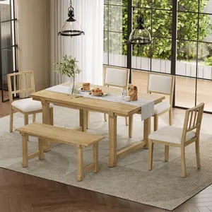 6-Piece Farmhouse Dining Set for 6, Solid Wood Legs & Frame, Ergonomic Dual-Style Chairs, Ideal for Kitchen & Dining Room
