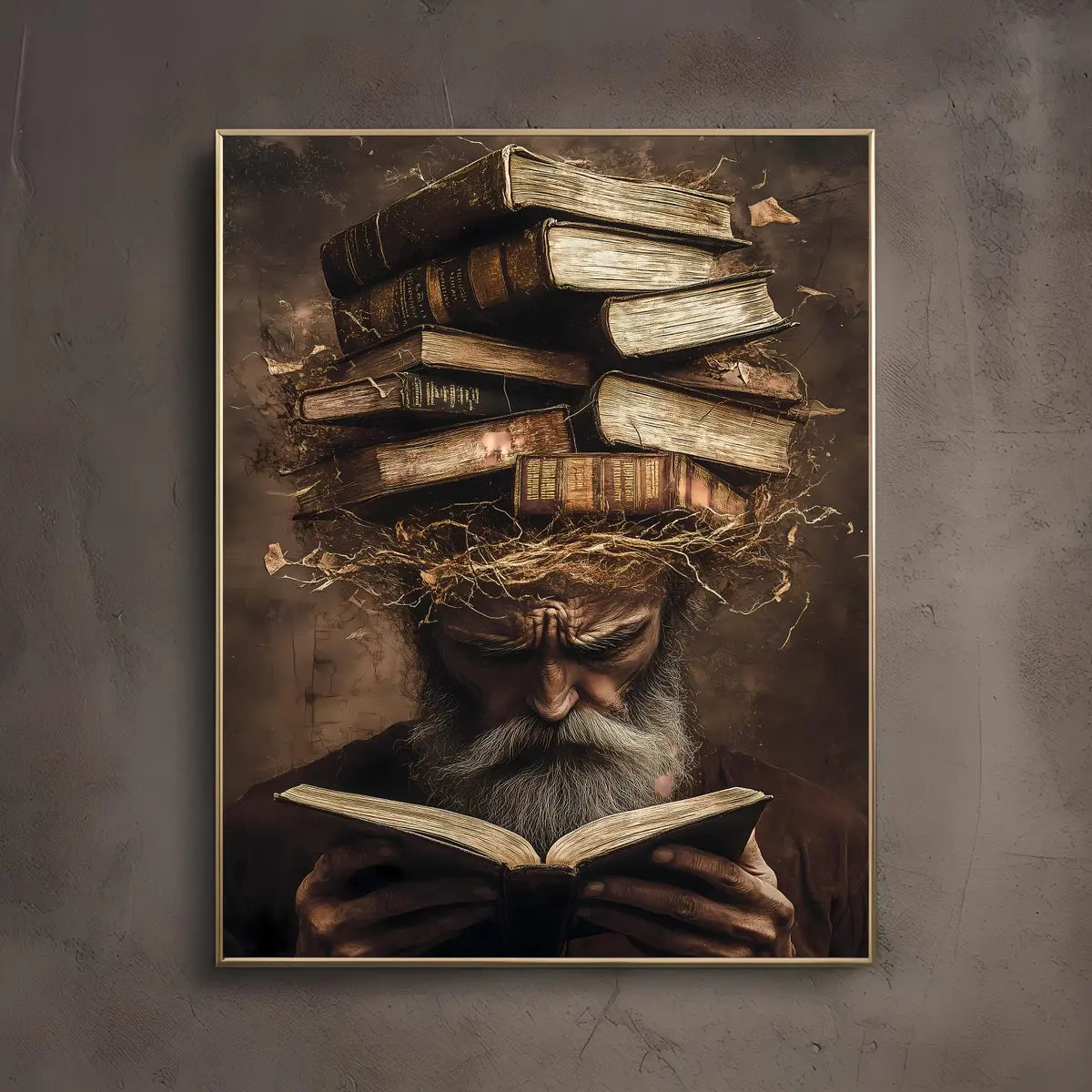 Burden of Knowledge Art Print – Surreal Library Poster, Dark Academia Librariancore Decor, Moody Vintage Cottagecore Wall Art – 5 Size, 8x12 to 27x40 inch, Room Decor, Unframed