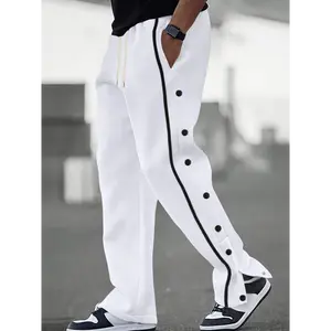 Men'S Casual Polyester Pants, Solid Color with Side Stripe and Button Detail, Regular Fit, with Drawstring, for All-Season Comfort, Stylish & Sporty Adult Wear