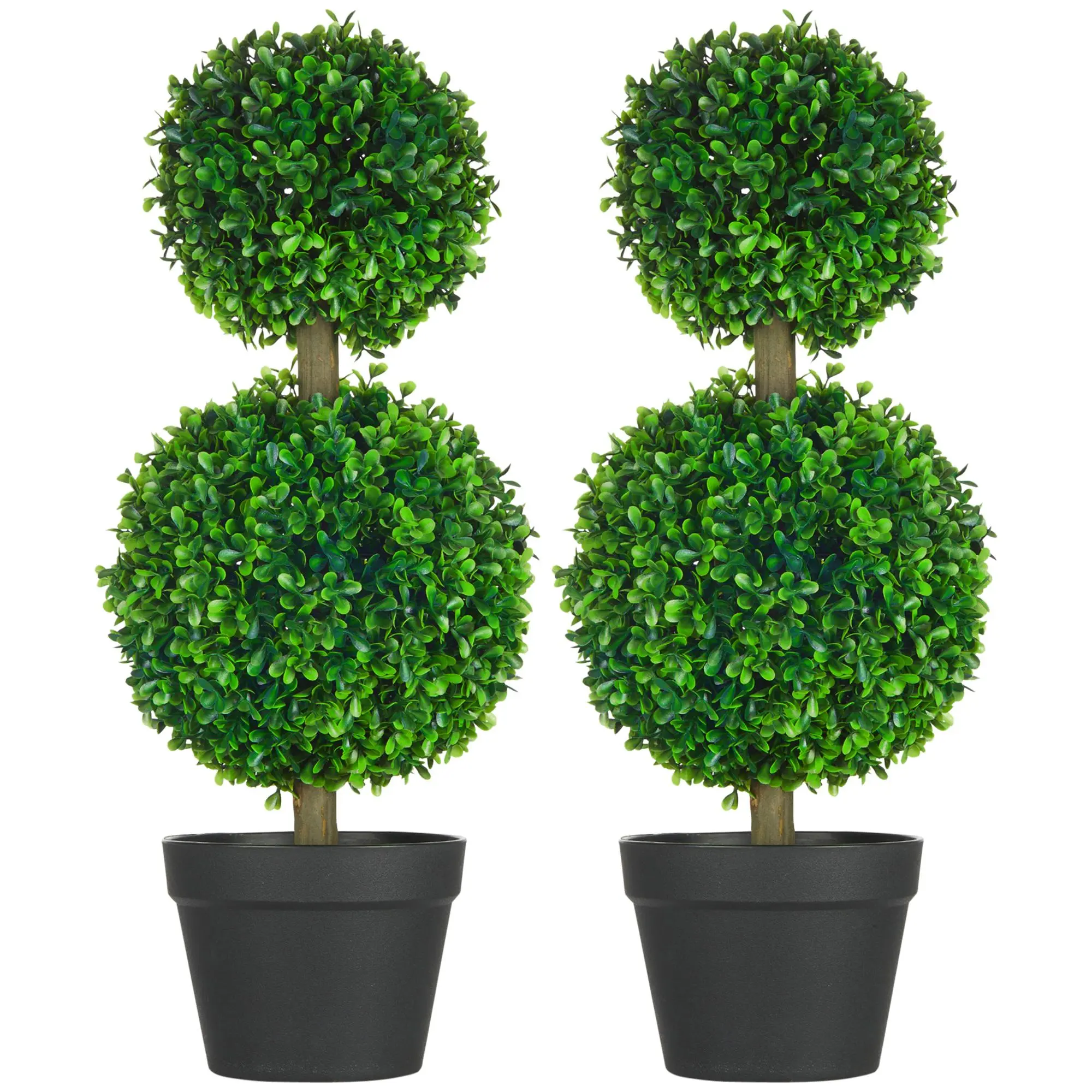 HOMCOM Set of 2 23.5" Artificial Ball Boxwood Topiary Trees with Pot, Indoor Outdoor Fake Plants for Home Office & Living Room Decor