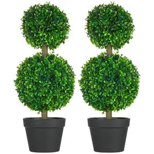 HOMCOM Set of 2 23.5" Artificial Ball Boxwood Topiary Trees with Pot, Indoor Outdoor Fake Plants for Home Office & Living Room Decor