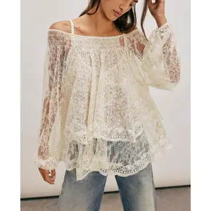 Women Sheer Lace Off The Shoulder Tops Lantern Long Sleeve Tiered Lacy Tops Loose See-Through Blouses