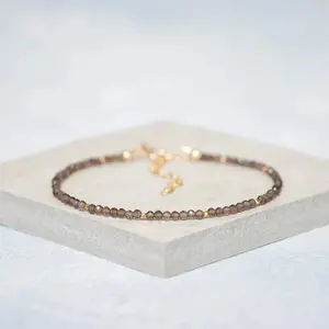 Handmade Natural Smoky Quartz Adjustable Healing Bracelet - 2mm Faceted Beads Minimalist Dainty Boho Crystal Bracelet