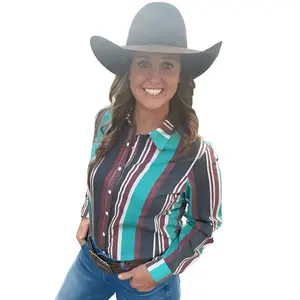 Sterling Kreek Women's "Oh My Darling" Western Snap Shirt Brown & Turquoise Pearl Snap Top Casual Long Sleeve Cowgirl Blouse Vintage Striped Fitted