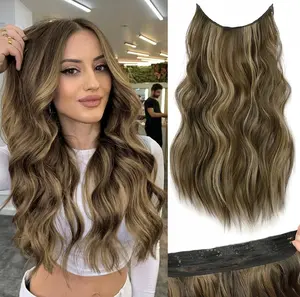 [Plodon] 24/20/16-Inch Invisible Clip-in Synthetic Hairpiece — Thick, Natural-Looking Hair Extension featuring a Double-Layer Weft Design; Single-Piece Construction with 4 Clips for a Secure and Stable Fit; Long Wavy Invisible Hair Extension for Women.