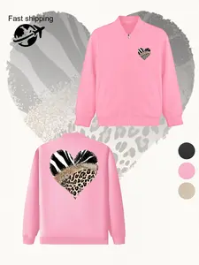 Leopard Print Heart Zip Jacket - Zip Front Nurse Jacket, Elastic Fabric, Fashionable Comfortable Bomber, Durable Soft Outerwear