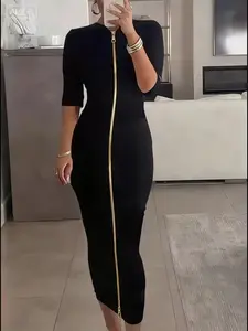 Metal Zipper Dress, Two-In-One Design, Spring Summer Autumn, Sleeveless Boat Neck, Bodycon Skirt, Can Be Worn as Cardigan, 10308