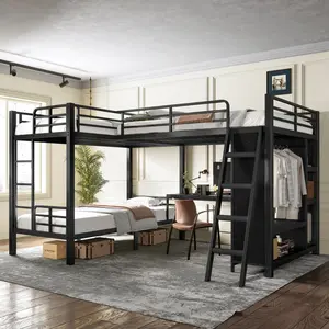 Triple Bunk Bed L-shaped with Desk and Wardrobe, Twin XL over Twin XL Bunk Bed with an Attached Full Loft Bed, No Box Spring Needed, Black