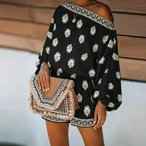Bohemian Floral Print Off-Shoulder Two-Piece Set for Women, featuring an elegant off-shoulder top with loose batwing sleeves and matching shorts
