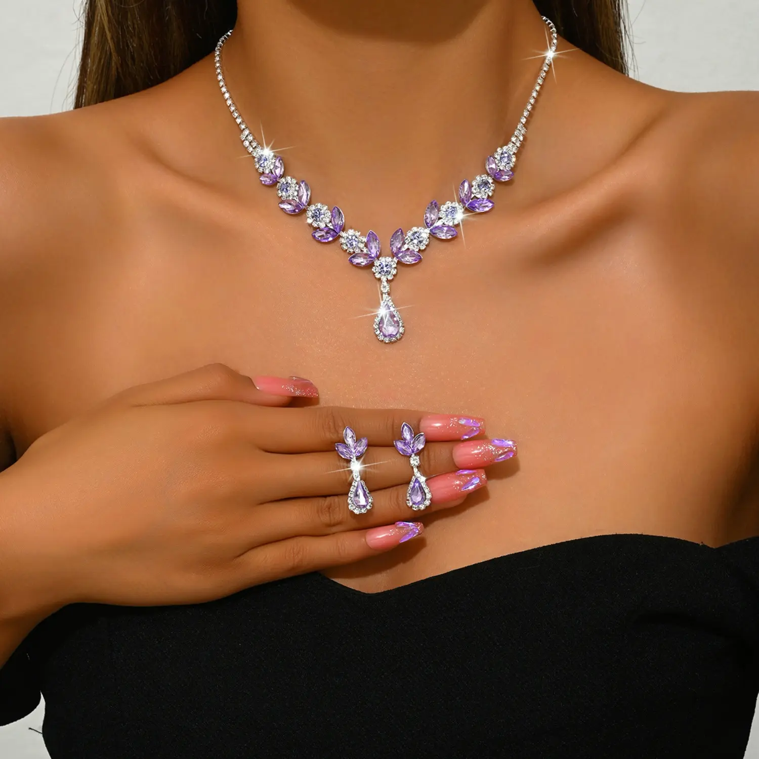 Women's Korean-Style Purple Crystal Rhinestone Bridal Jewelry Set - Necklace and Earrings for Wedding, Christmas Dinner, No (Sports Wristbands Accessory Complement), Female