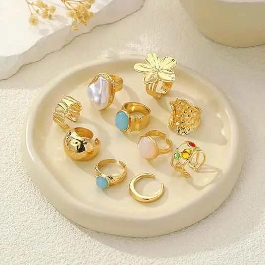 Women's 12-Count Chunky 14K Gold Plated Stackable Ring Set, Non-Tarnish Gold Jewelry with Trendy Flower & Knuckle Designs, Statement Anniversary Jewelry Gift - TikTok Shop