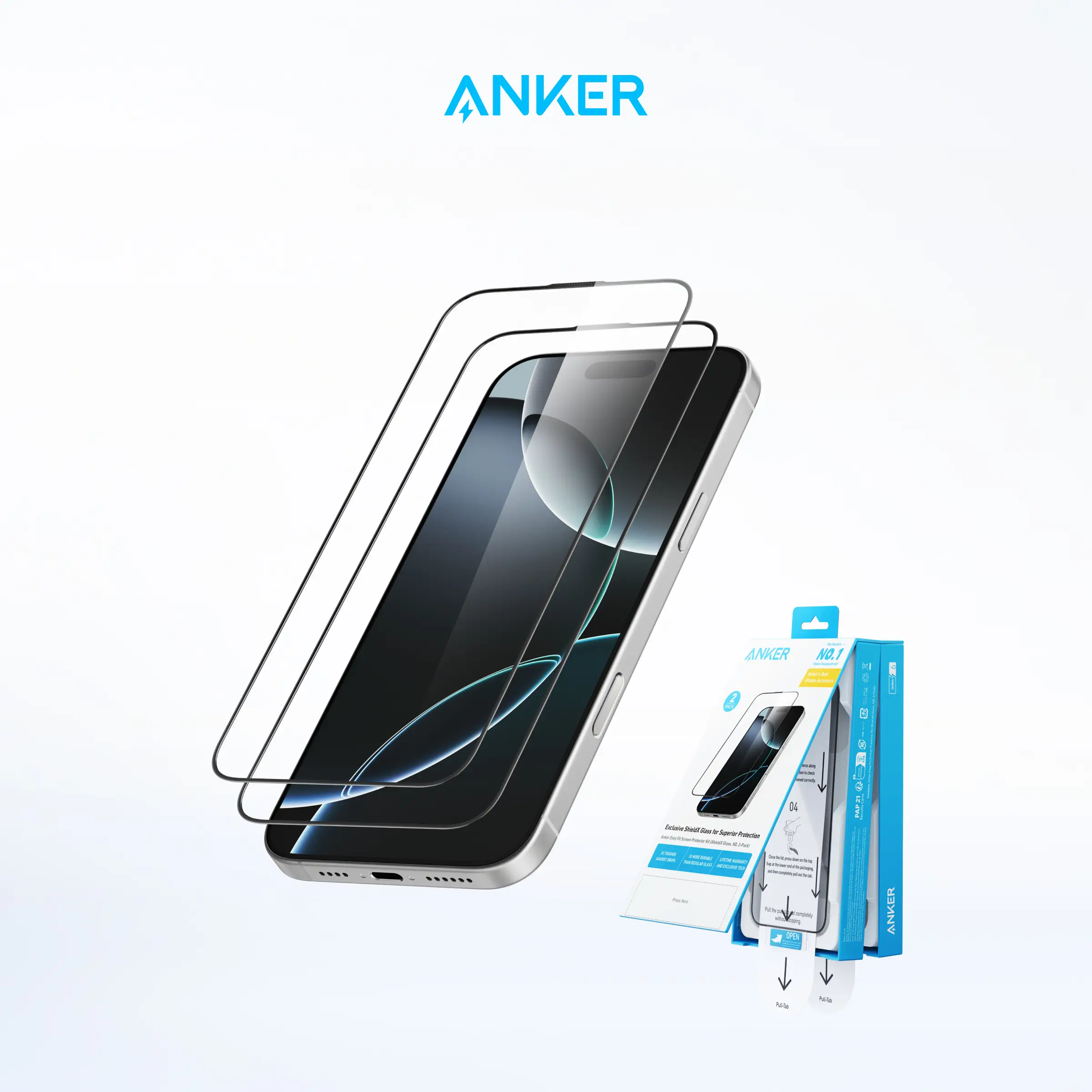 Anker Easy Fit HD Screen Protector Kit, Ultra-Durable and Thin ShieldX Glass, Drop Resistance, Dust-and Fingerprint-Free (2-Pack)