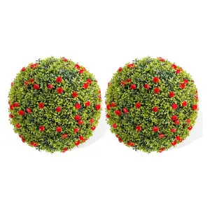 2 Pack 20 Inch Artificial Topiary Balls with Red Flowers - Large Hanging Topiary Balls for Indoor Outdoor Decor Wedding Housewarming Decorative Fruit Decoration Plants