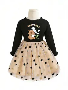 Girls' Star Mesh Dress, Long Sleeve Spring & Fall, Spring Outings, Picnic Party Dress, Birthday Party Dress, Capybara Cute Print