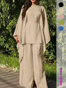 Women's Loose Two-Piece Set, Minimalist Long Hoodie Top + Wide Leg Pants, Casual Natural Style for Spring & Fall Seasons