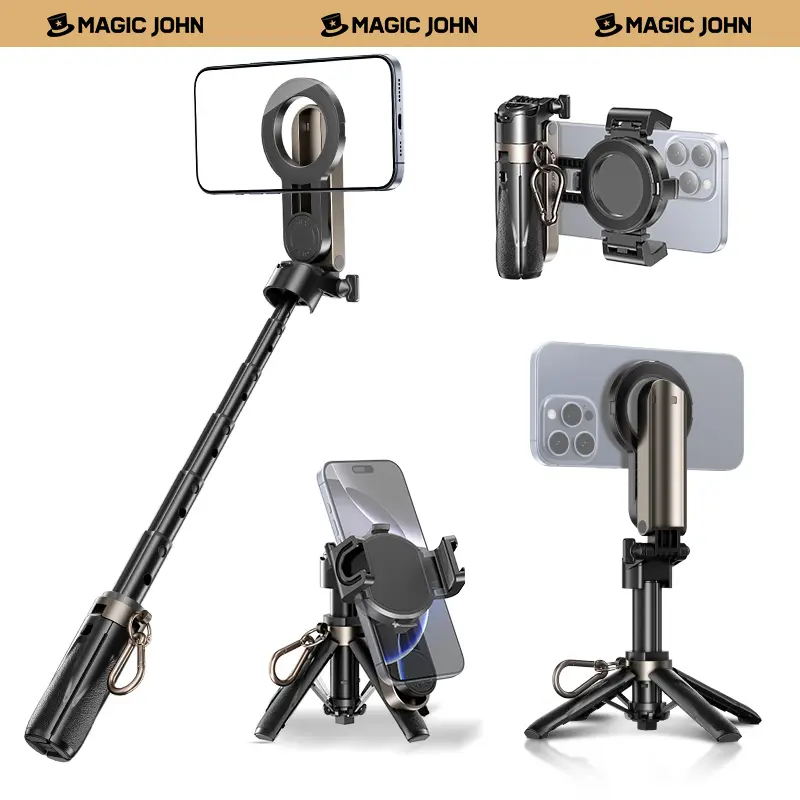 MAGIC JOHN 4-in-1 Multifunctional Magnetic Selfie Stick – 360° Rotation, Compact & Stylish, With wireless Bluetooth control, Magnetic Phone Holder for Selfies/Video Recording/Vlogging, Compatible with Most Phone Modes