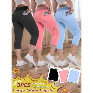 3-packs High Waist Yoga Capri Pants 3pcs Capri Pants Set, 4 Way Stretch Butt Lifting Tummy Control, 4 Button Pockets Workout Running S Pants