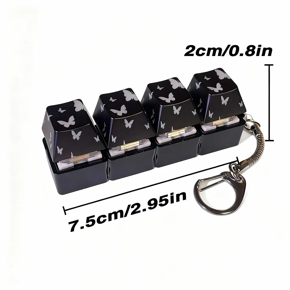 Mechanical Keyboard Stress Relief Fidget Toy - Unisex, Elegant Butterfly Pattern Crystal Keycaps, LED Lights, Portable Keychain Pendant, for Adults with ADHD Anxiety