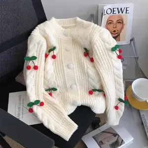 Autumn Winter New Cherry Age-Reducing Sweet Sweater Women Short Thick Knitted Cardigan Loose Lazy Style Top(Sheet)