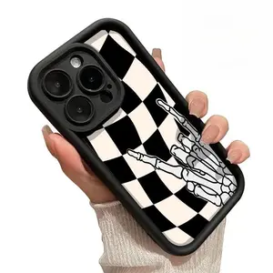 Checkered Skeleton Pattern Case for iPhone 17 Pro Max 16 Plus 15 14 13 12 11 Air E Soft TPU Bumper Drop Protection Rugged Durable Back Cover for Boy/Halloween Gift/TY236