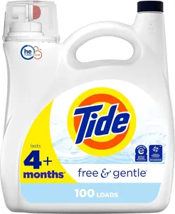 Tide Free & Gentle Liquid Laundry Detergent, 100 Loads, 132 fl oz, Tide Laundry Detergent, Clean Laundry Detergent Household Cleaning White