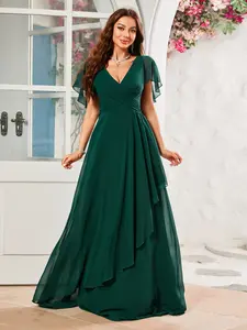 Elegant V-Neck Backless Ruched Bust Asymmetrical Hem Chiffon Elegance Aesthetic Formal Bridesmaid Dress, Perfect for Special Occasions and Weddings