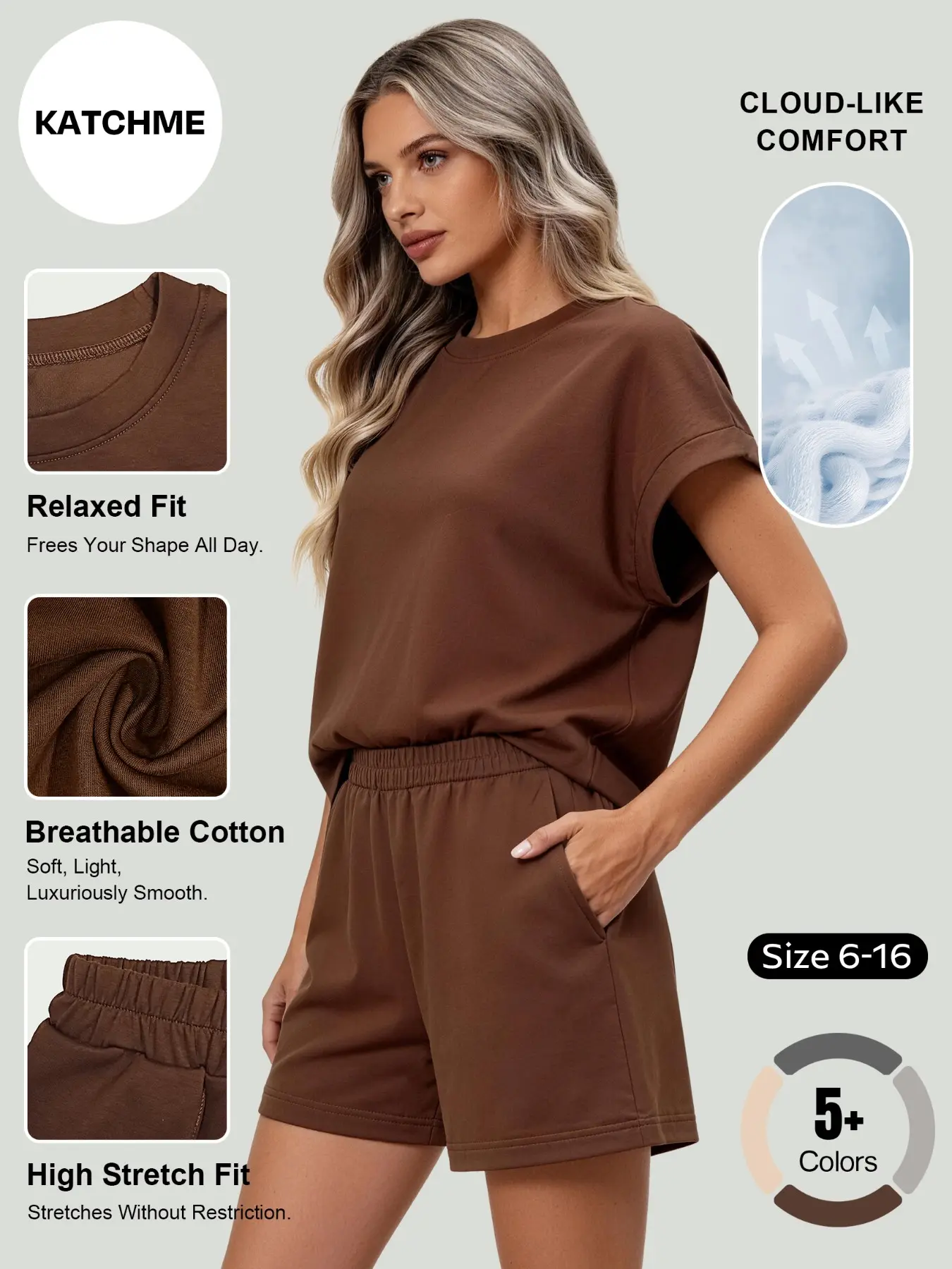 Women's Casual Basic Solid Color Round Neck Short Sleeve Top and Side Pocket Shorts Set, Breathable Stretchy Elastic Loose Two-Piece Set, Summer Anti-Pilling Lightweight Daily Home Wear Loungewear Outfit
