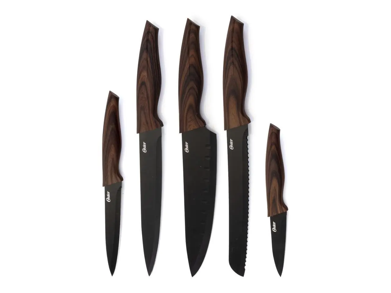 Oster Godfrey 5 Piece Stainless Steel Black Cutlery Set with Wood Print Handles