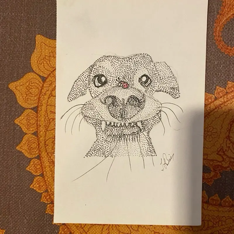 Dog with bug, stipple and colored pen 5.5 x 8.5